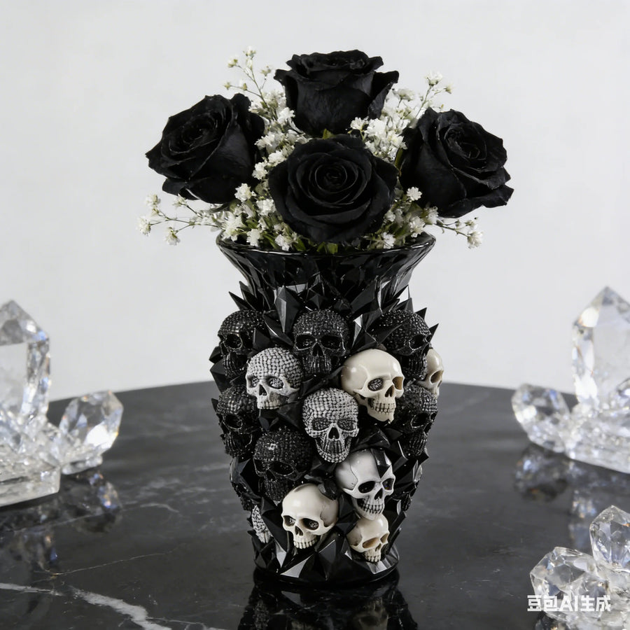 Obsidian Skull Rose Vase