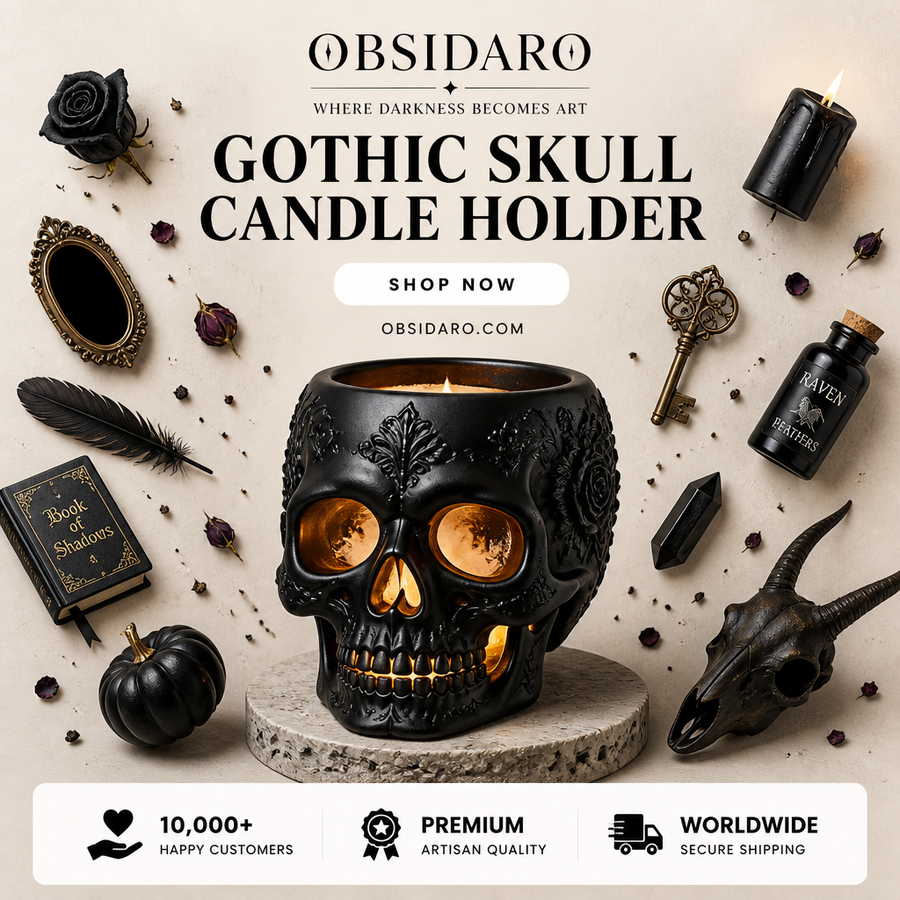 Gothic Flame Skull Candle Holder styled on dark gothic flat lay