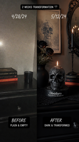 Skull candle holder glowing in styled gothic bedroom