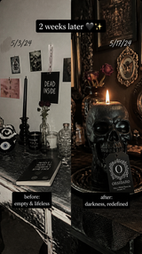 Gothic flame skull candle dark room atmosphere lifestyle